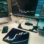Stock charts are displayed on multiple screens